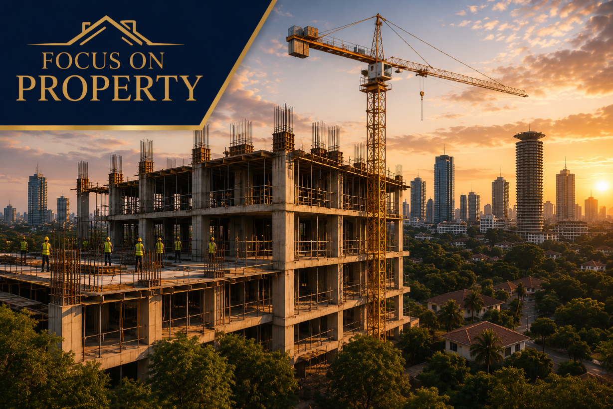 Off-plan development under construction with a tower crane against the Nairobi skyline